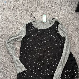 Kaileigh Black Blouse with Gray Sleeves and Dots